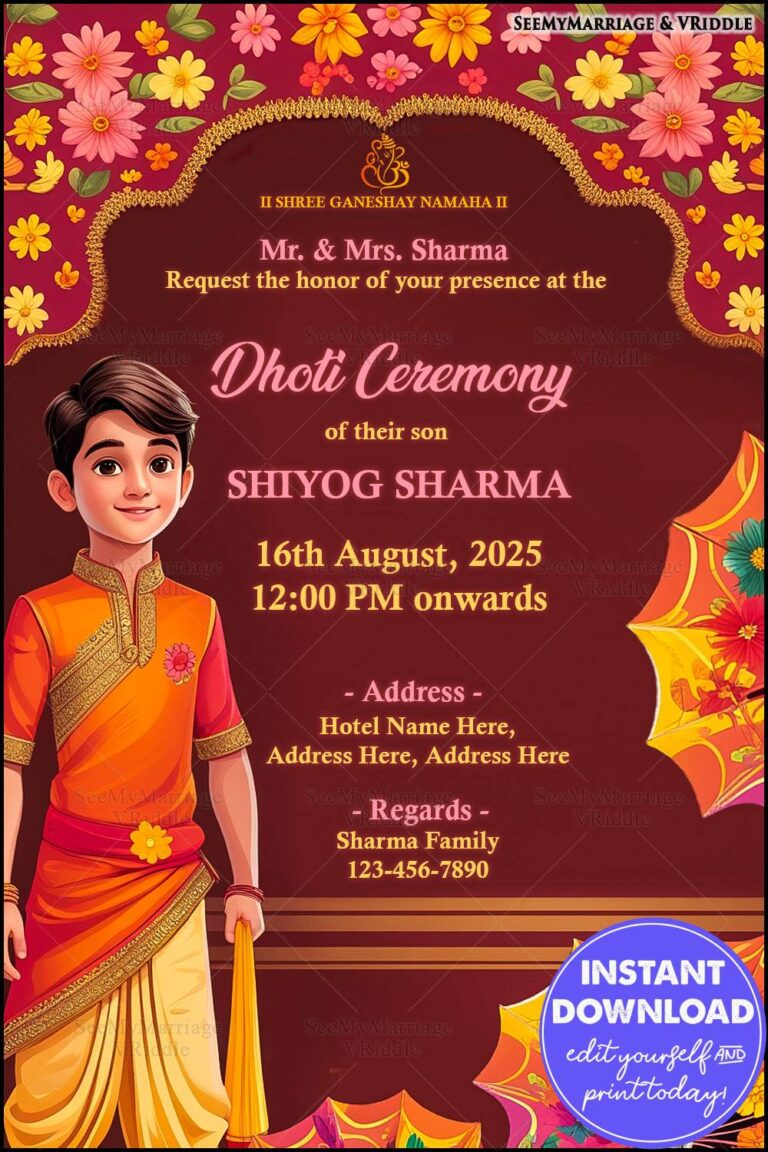 Floral Traditional Dhoti Ceremony Invite with Maroon Background and Vibrant Umbrella Motifs