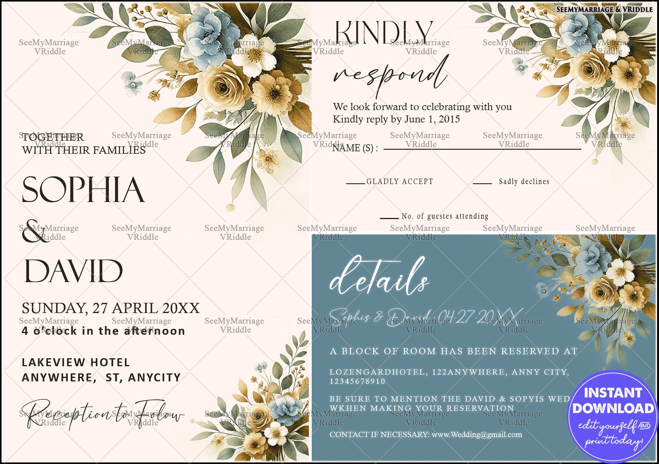 Floral Wedding Invitation Suite with RSVP and Event Details for an Elegant Celebration
