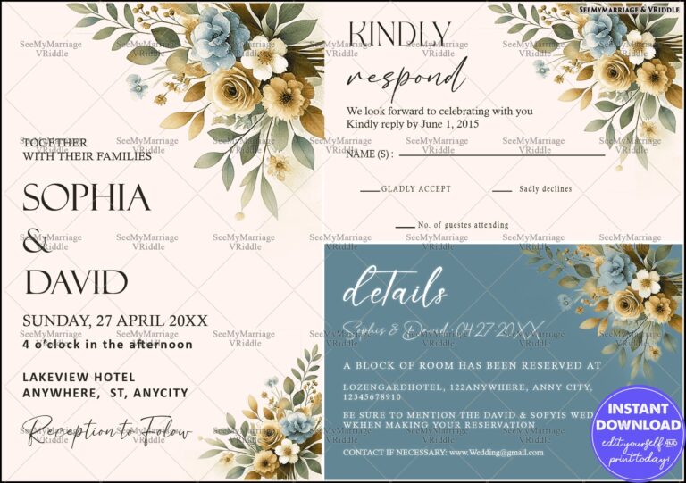 Floral Wedding Invitation Suite with RSVP and Event Details for an Elegant Celebration