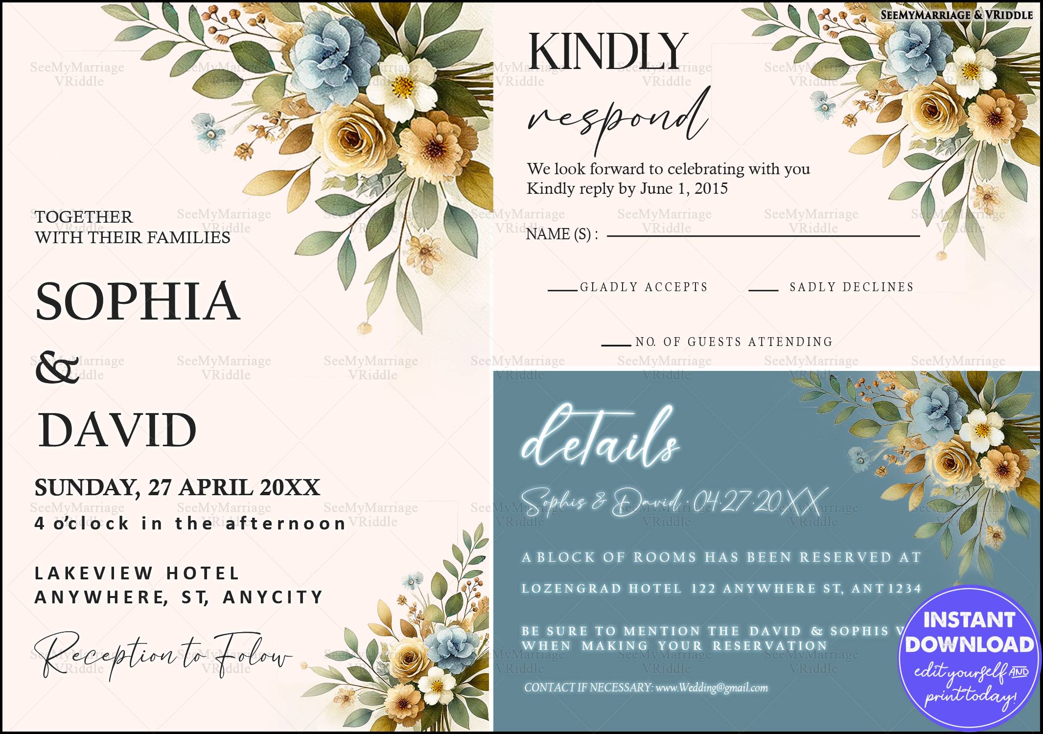 Floral Wedding Invitation Suite with RSVP and Event Details for an Elegant Celebration