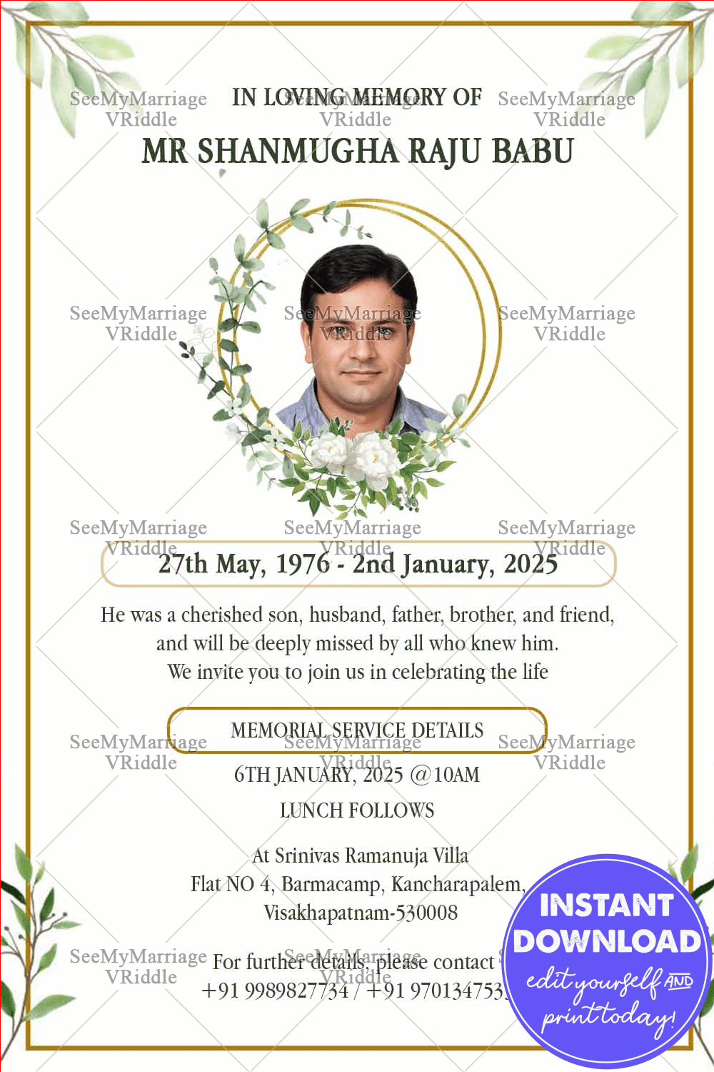Floral Wreath Memorial Invitation Card for Loved Ones with Photo and Service