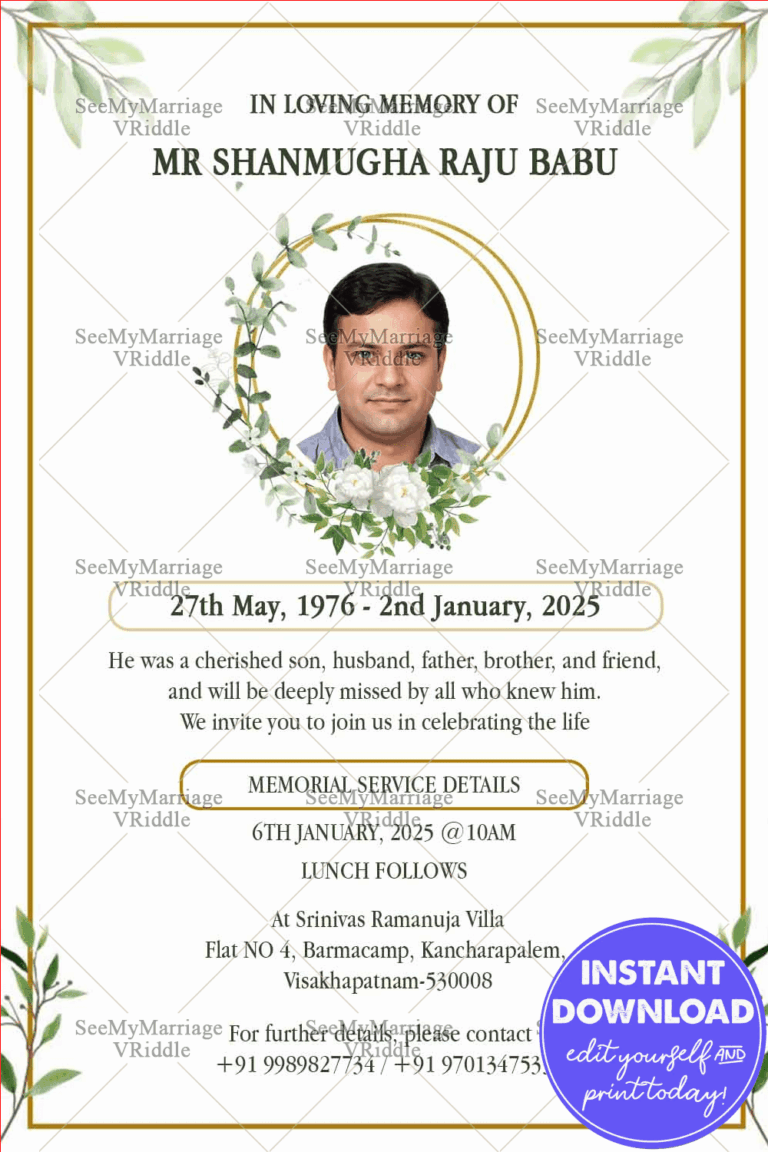 Floral Wreath Memorial Invitation Card for Loved Ones with Photo and Service Details