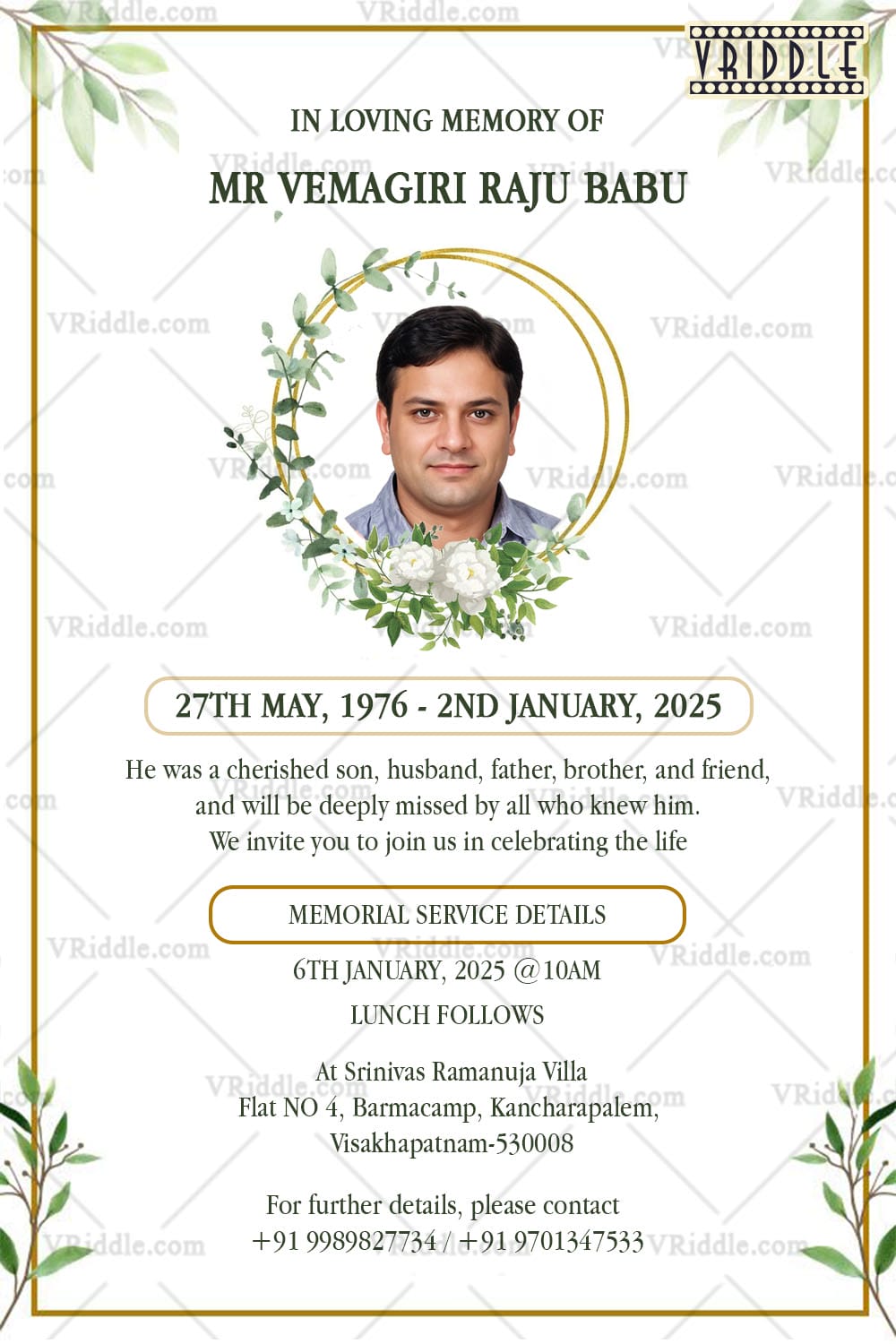 Floral Wreath Memorial Invitation Card for Loved Ones with Photo and Service Details