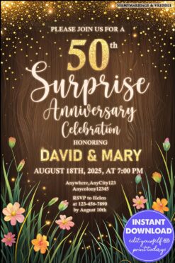 Floral and Sparkling Gold 50th Anniversary Invitation with Rustic Wood Background