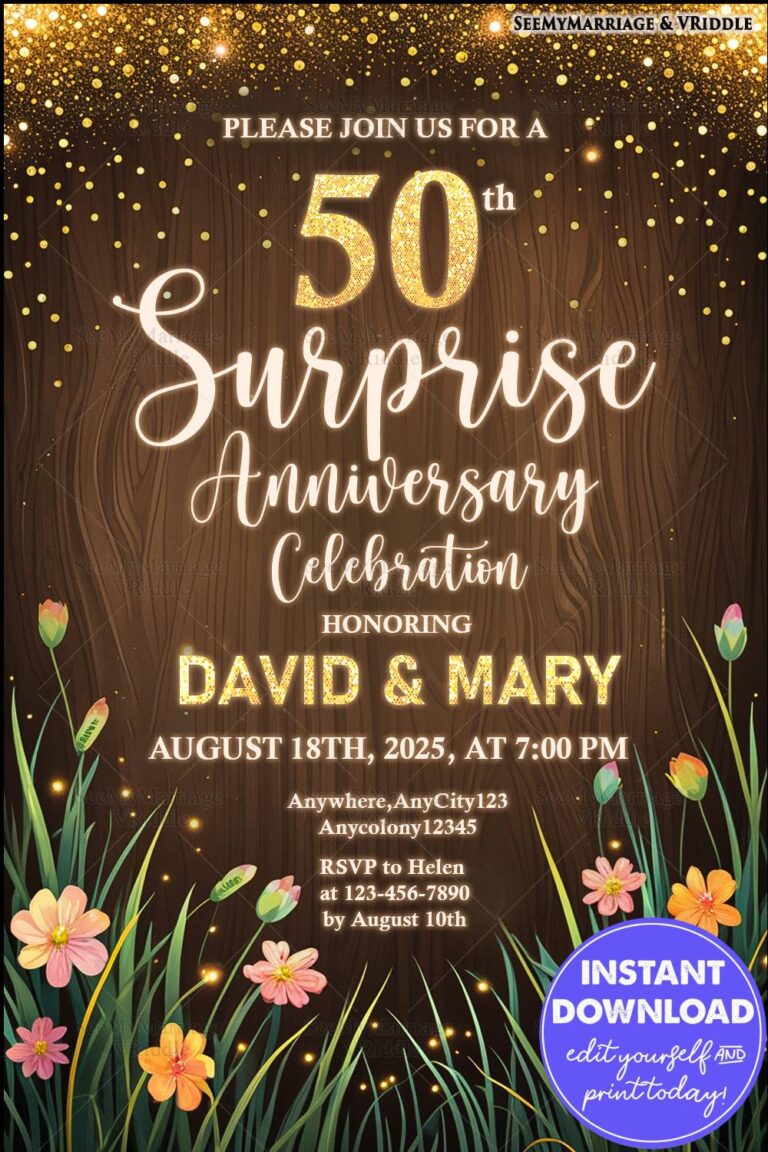 Floral and Sparkling Gold 50th Anniversary Invitation with Rustic Wood Background