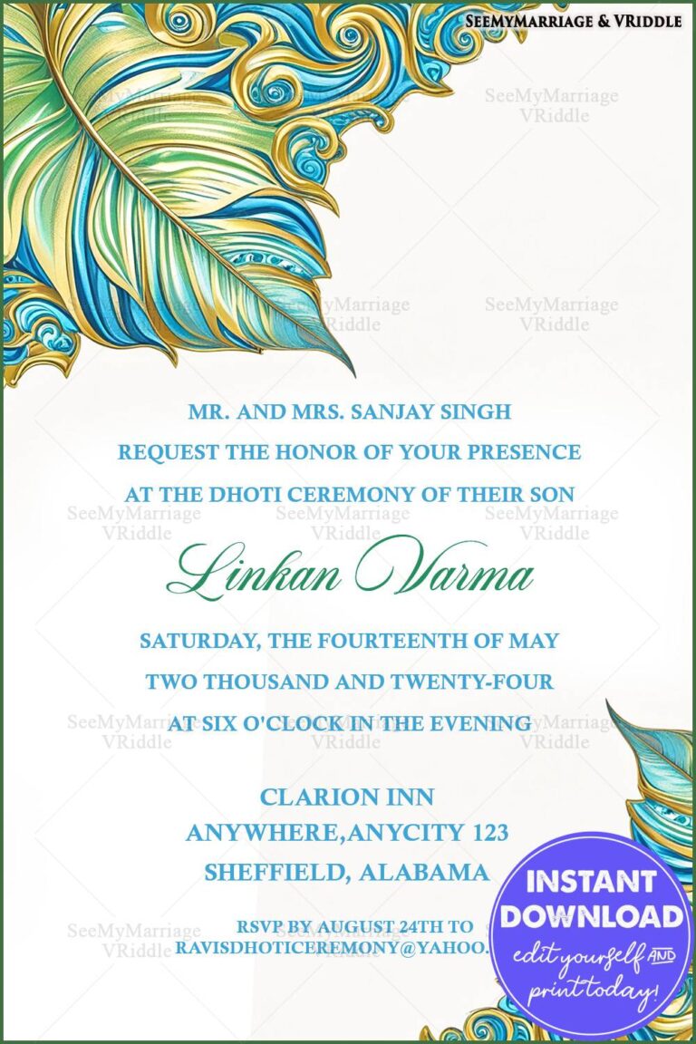 Formal Dhoti Ceremony Invitation with Artistic Blue and Green Motif Artwork on a Minimal White Background