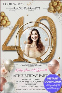 Gold-Themed 40th Birthday Invitation with Circular Frame, Balloons, and Floral Accents