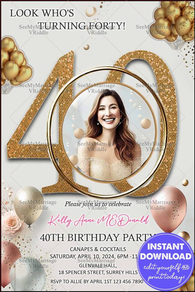 Gold-Themed 40th Birthday Invitation with Circular Frame, Balloons, and Floral Accents