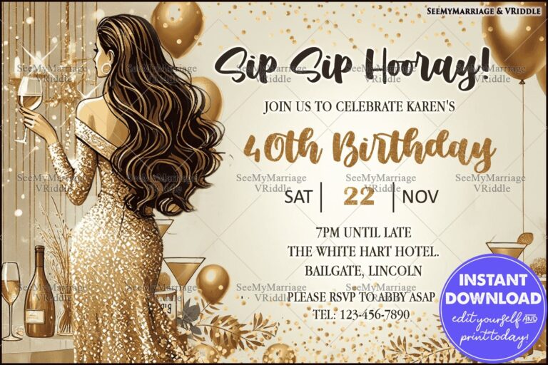 Gold-Themed 40th Birthday Invitation with Glamorous Details and Elegant Celebration Design