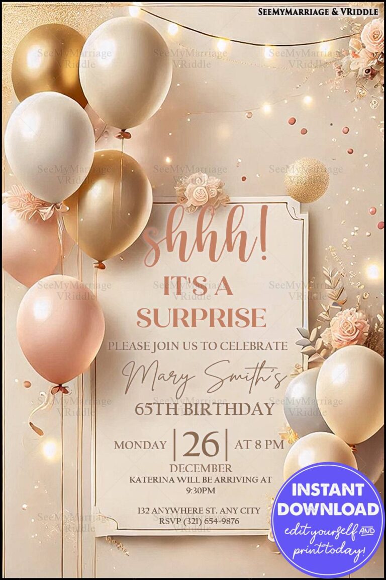 Gold and Ivory Balloon Surprise 65th Birthday Invitation with Elegant Floral and String Light Accents