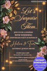 Golden Floral Surprise 50th Wedding Anniversary Invitation with Elegant Frame and Warm Lights