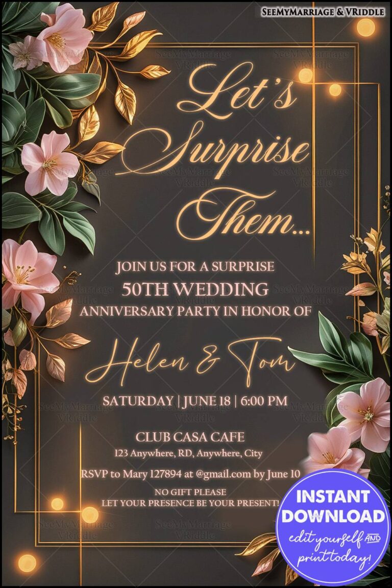 Golden Floral Surprise 50th Wedding Anniversary Invitation with Elegant Frame and Warm Lights