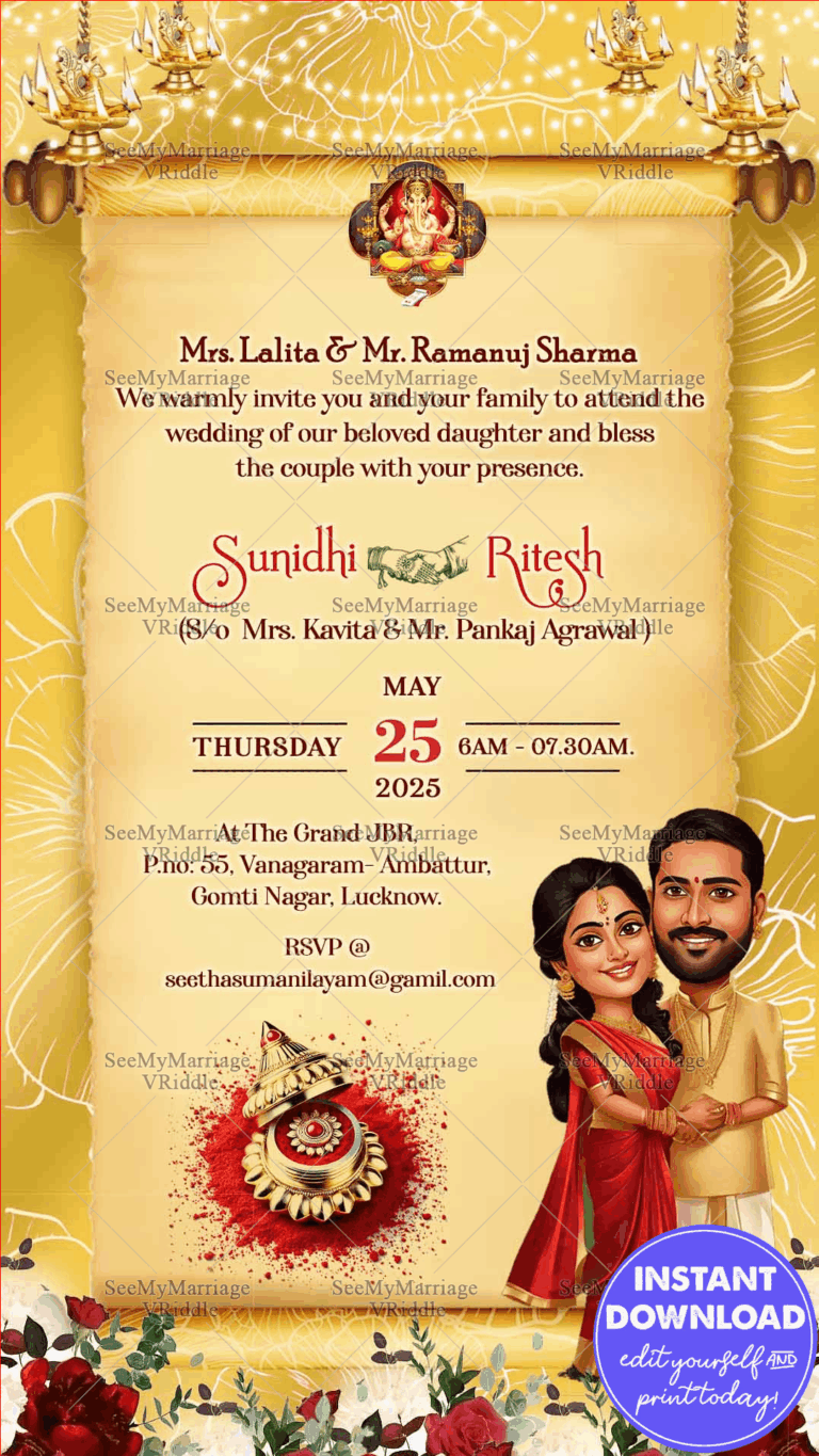 Golden Scroll Wedding Invitation Card with Couple Illustration and Ganesh Blessings