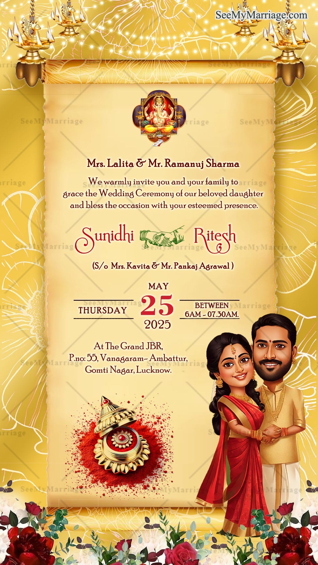 Golden Scroll Wedding Invitation Card with Couple Illustration and Ganesh Blessings