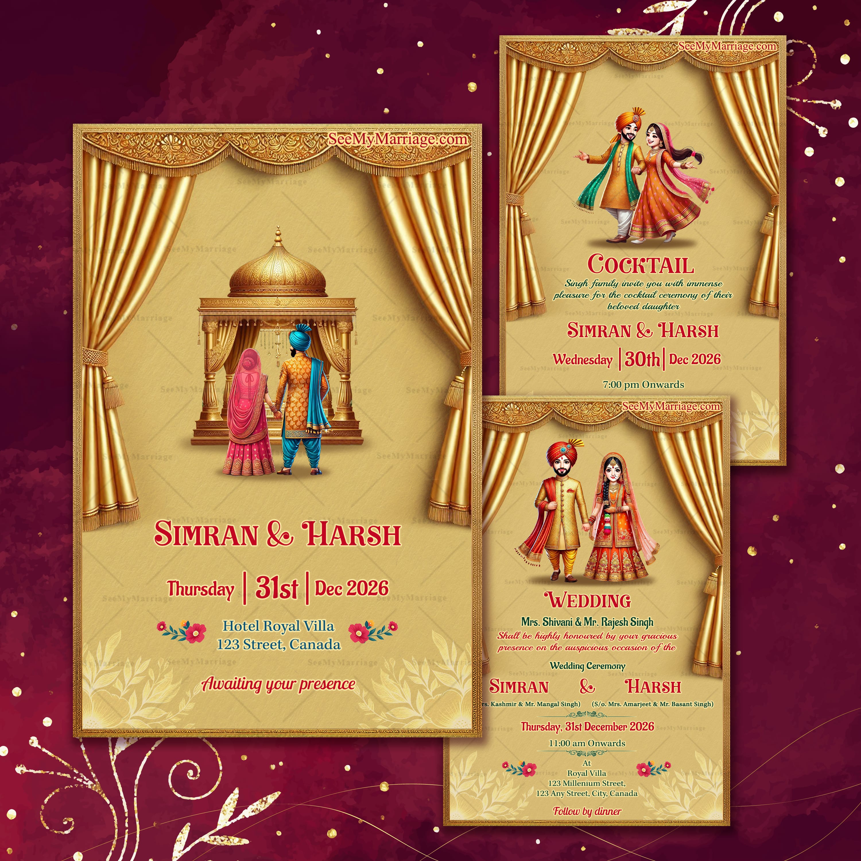 Golden Themes Wedding Invitation Card Set for Celebrations with Couple Illustrations