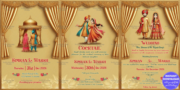 Golden Themes Wedding Invitation Card Set for Celebrations with Couple Illustrations
