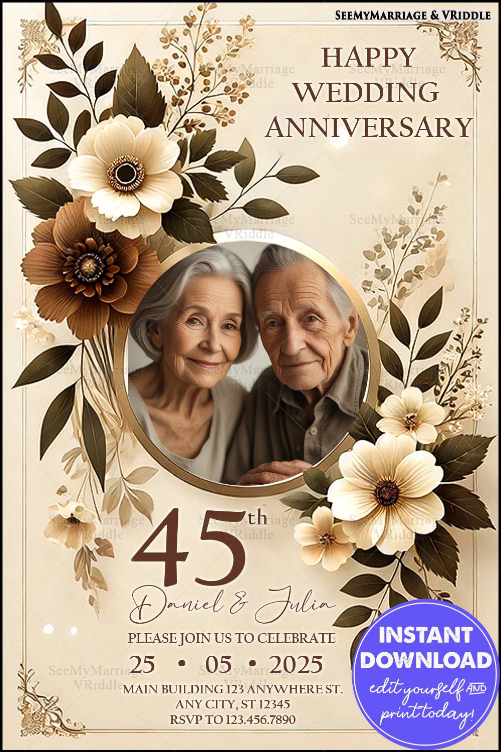 Golden and Beige Floral 45th Anniversary Invitation with Earthy Tones and Golden Frame