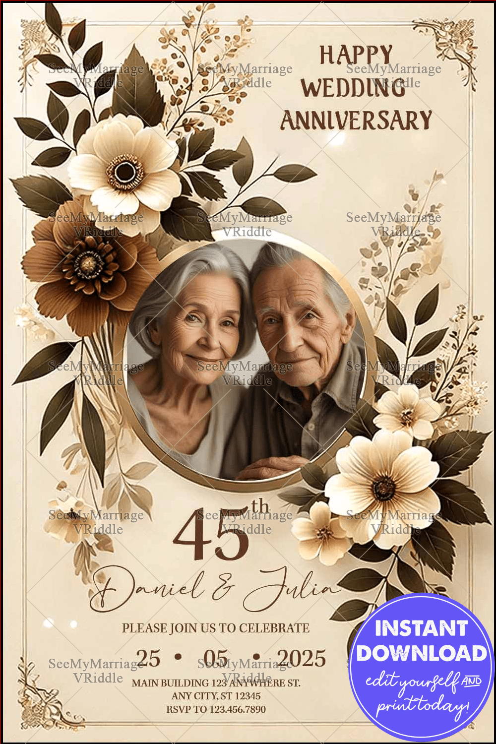 Golden and Beige Floral 45th Anniversary Invitation with Earthy Tones and Golden Frame