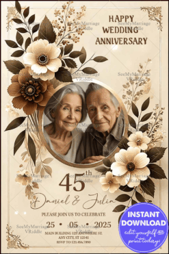 Golden and Beige Floral 45th Anniversary Invitation with Earthy Tones and Golden Frame