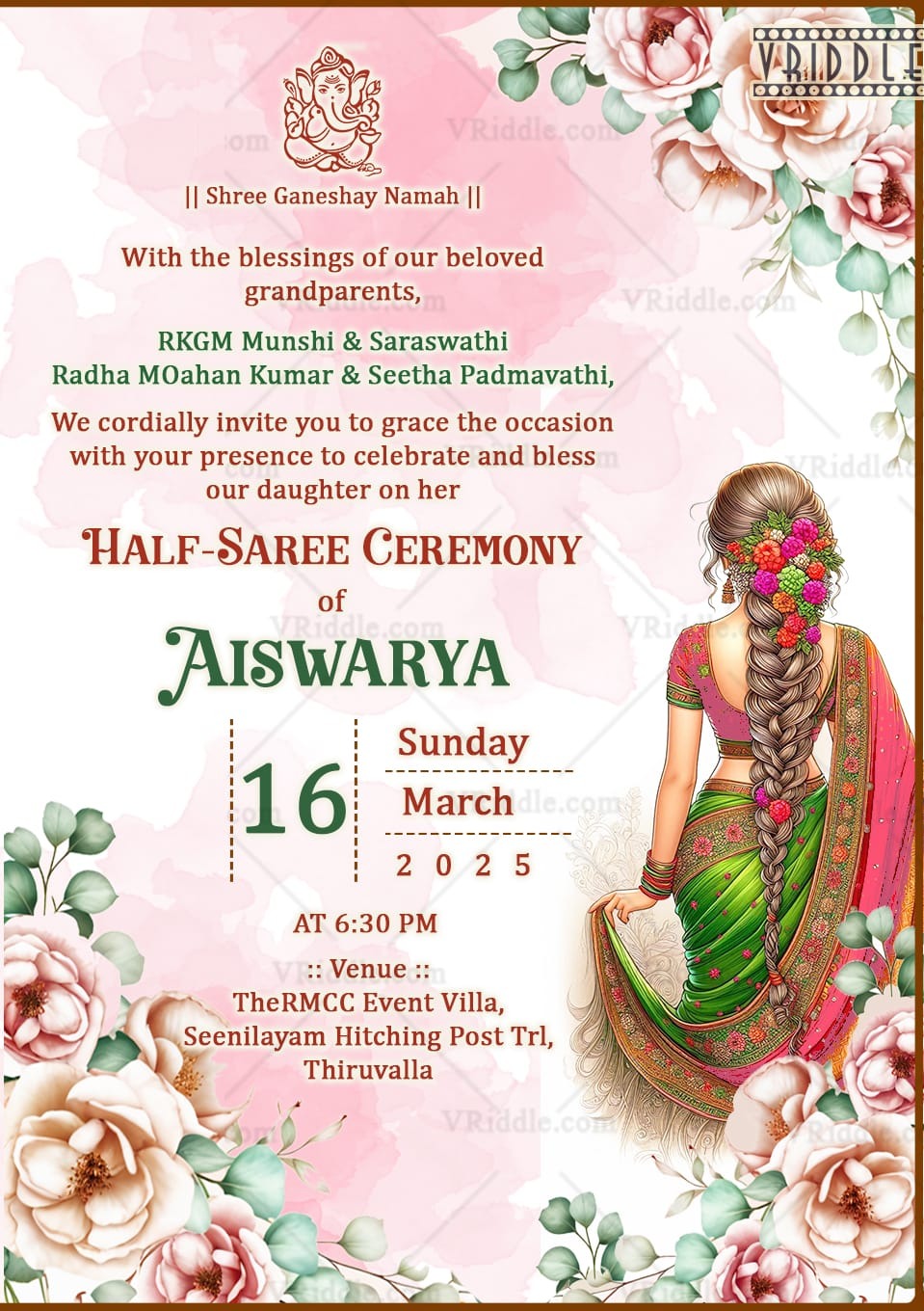 Graceful Florals Half-Saree Ceremony Invitation Template with Traditional Design