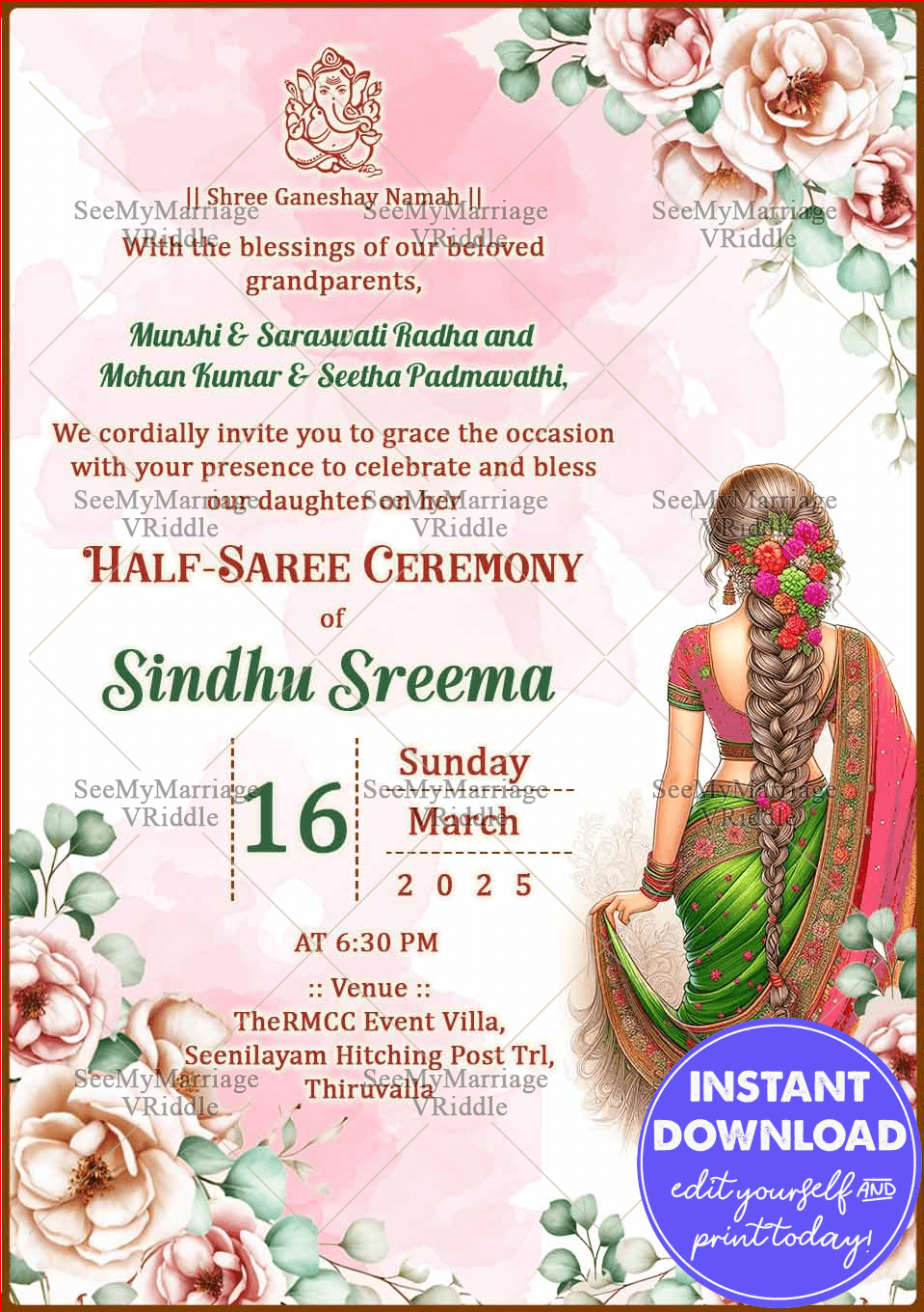 Graceful Florals Half-Saree Ceremony Invitation Template with Traditional Design