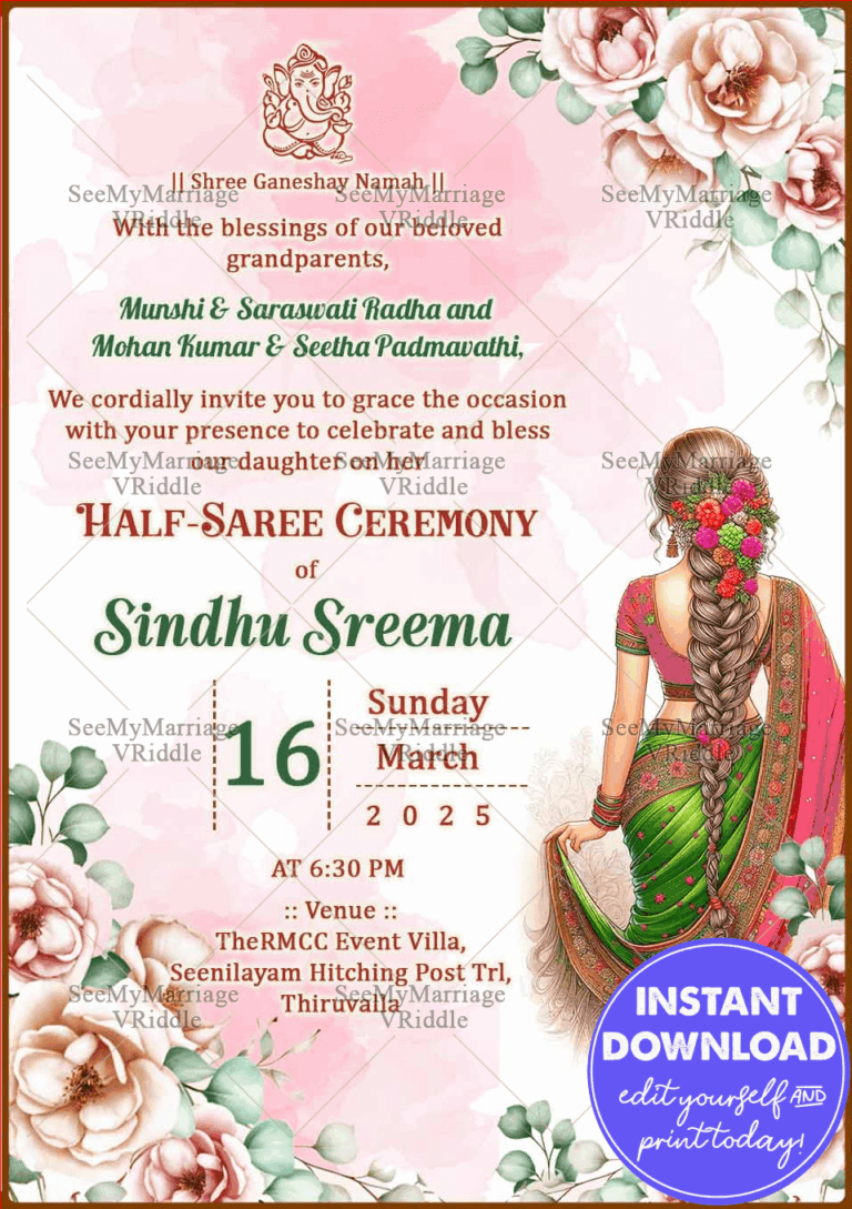 Graceful Florals Half-Saree Ceremony Invitation Template with Traditional Design