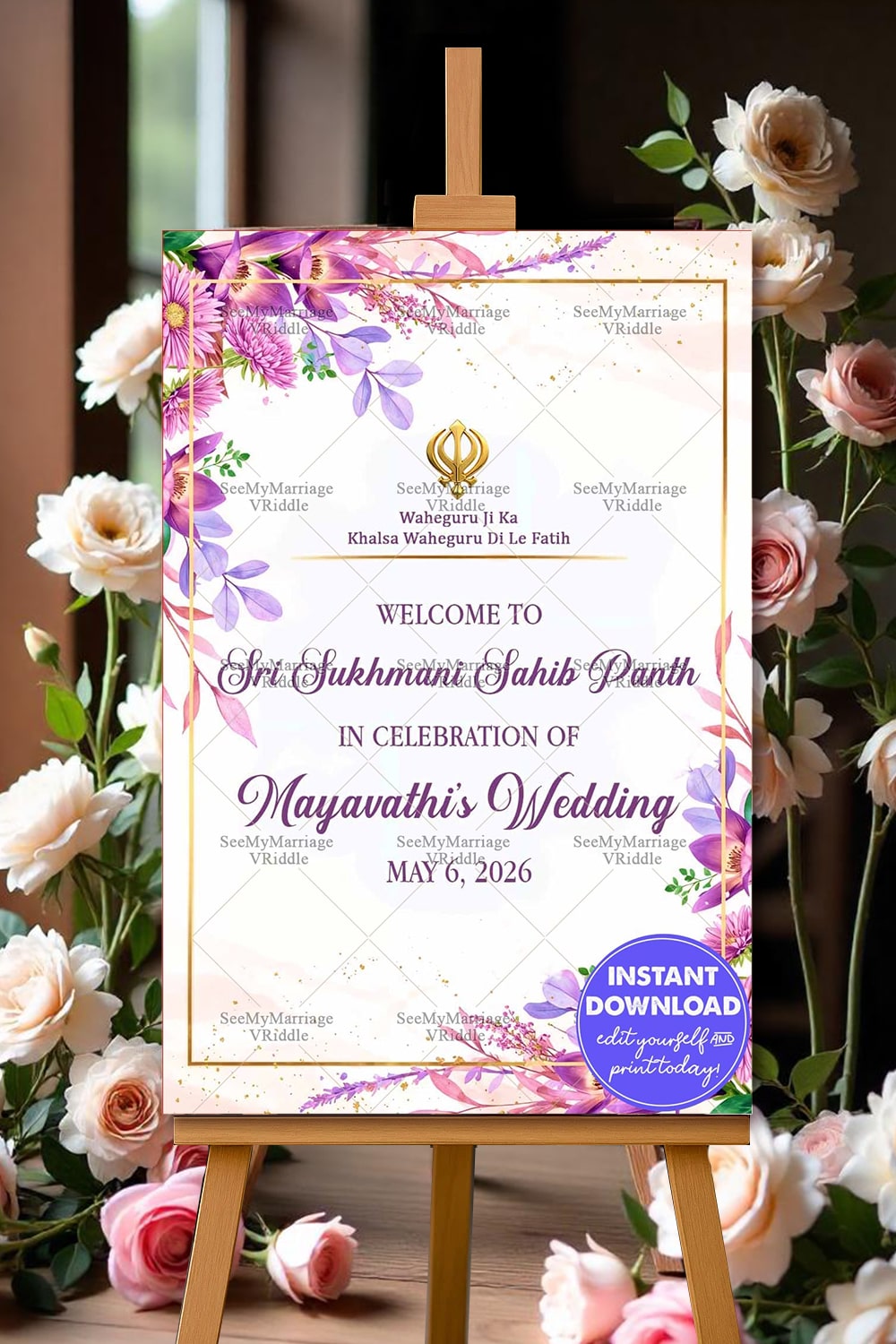 Graceful Sukhmani Sahib Path Welcome Poster with Purple and Pink Flowers