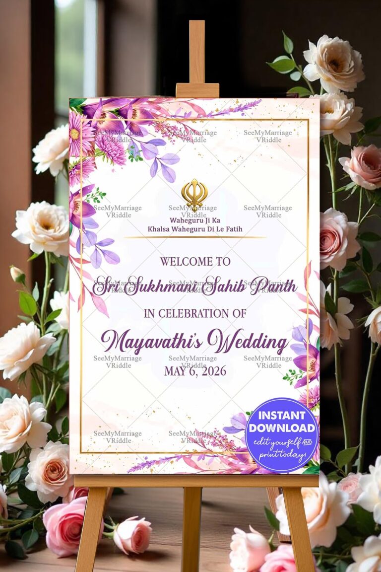 Graceful Sukhmani Sahib Path Welcome Poster with Purple and Pink Flowers