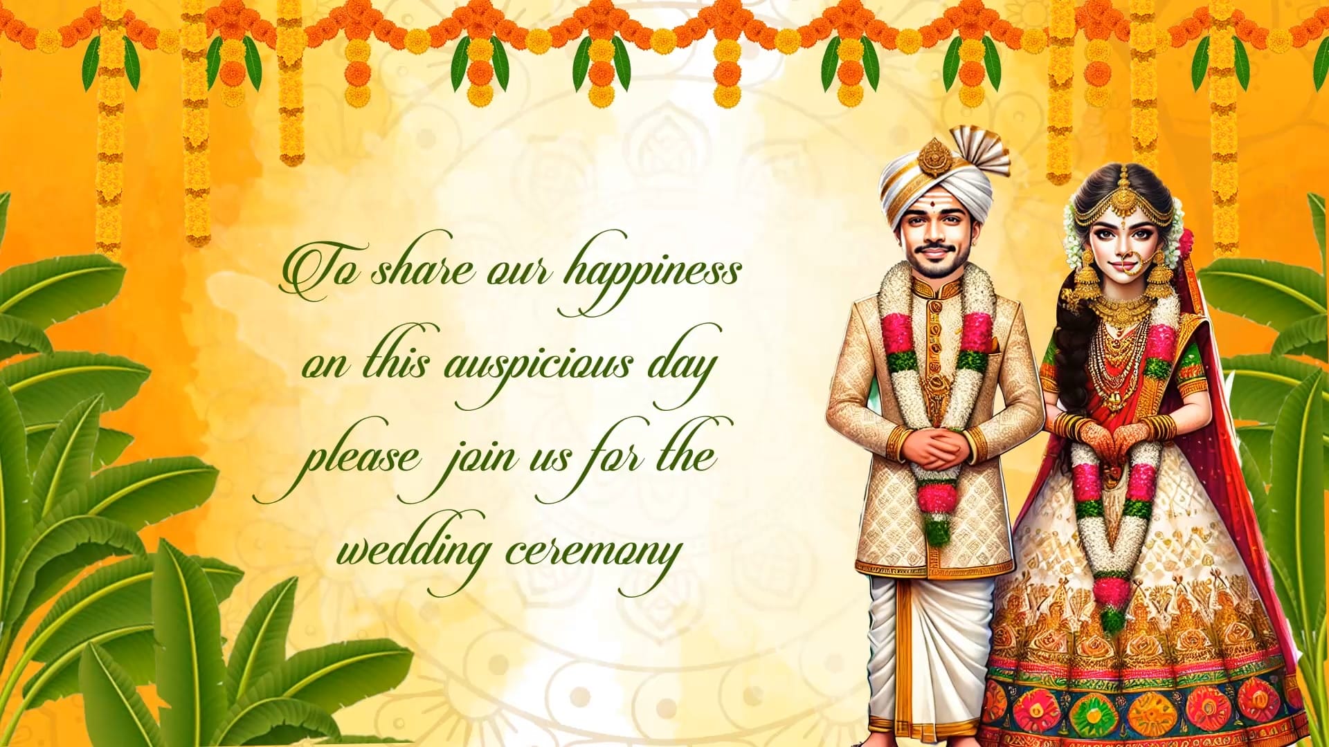 Graceful Wedding Invitation Video with Beautifully Illustrated Couple and Traditional Red and Gold Design