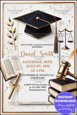 Graduation Party Invitation with Gold Accents, Scales of Justice, and Law-Themed Design Elements