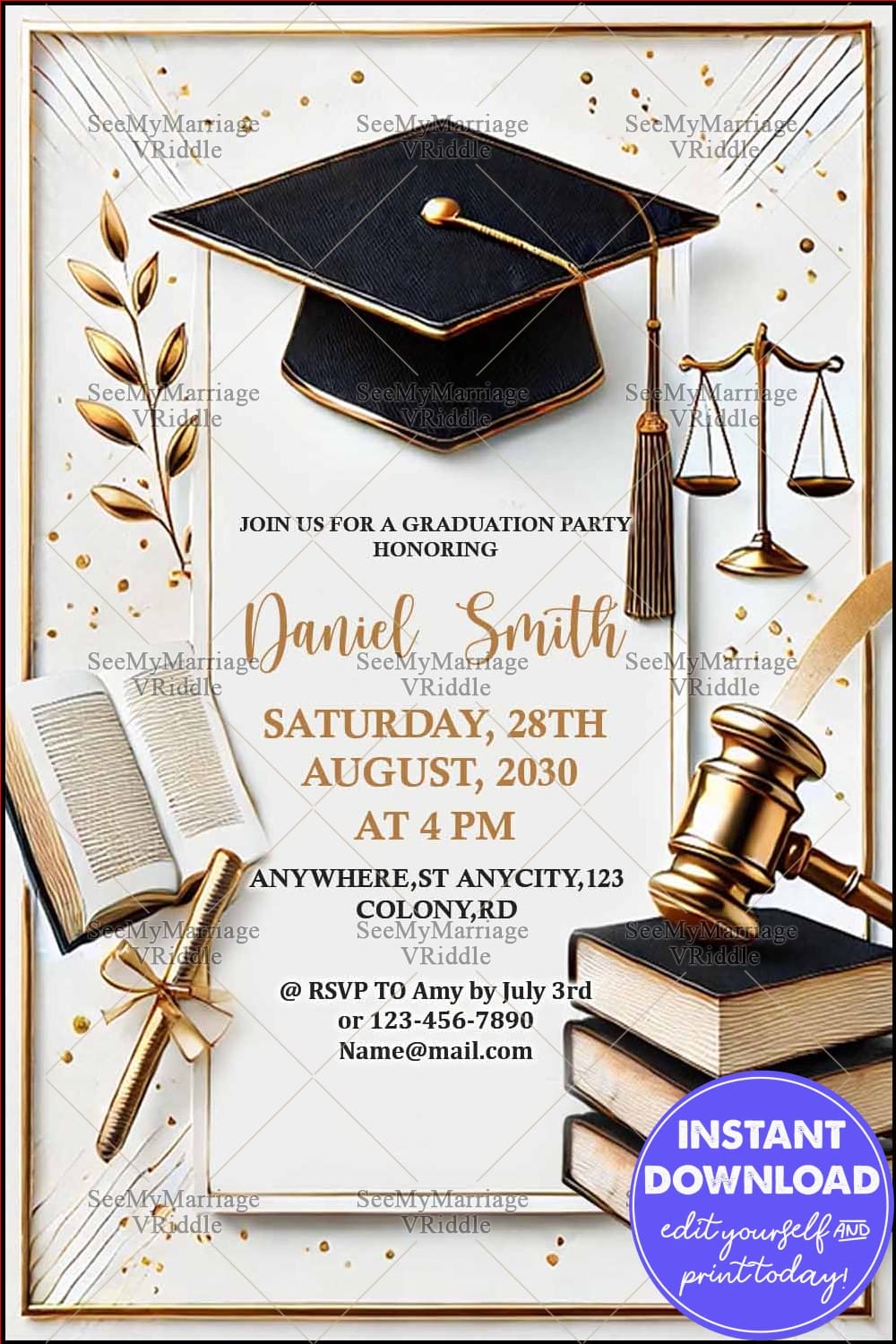 Graduation Party Invitation with Gold Accents, Scales of Justice, and Law-Themed Design Elements