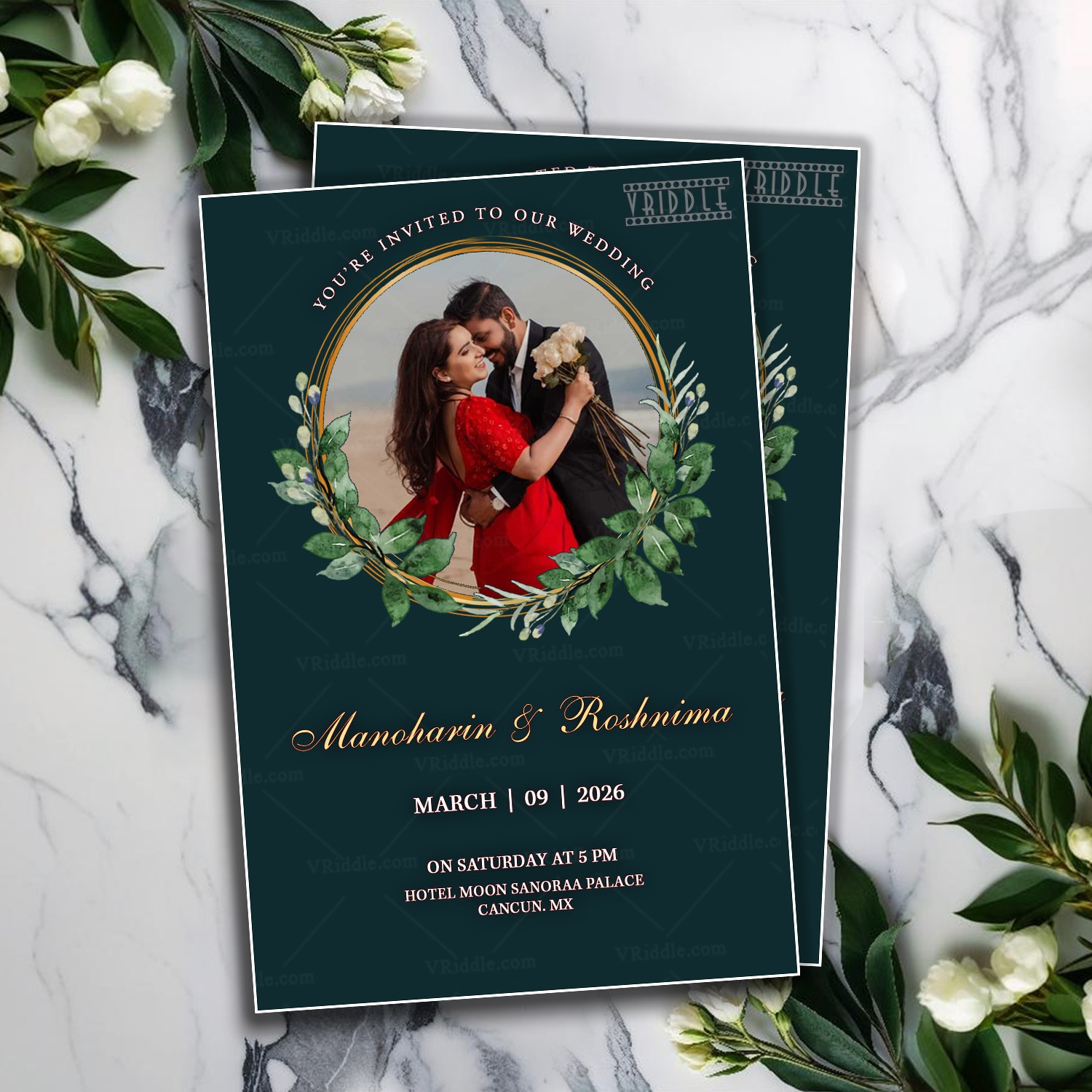 Green Theme Wedding Invitation with Romantic Couple Portrait and Floral Frame