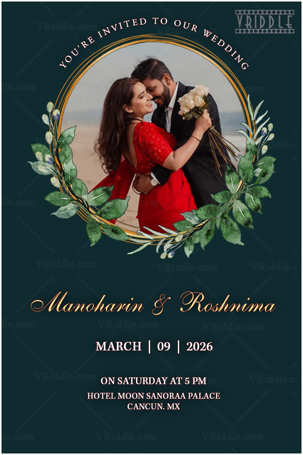 Green Theme Wedding Invitation with Romantic Couple Portrait and Floral Frame