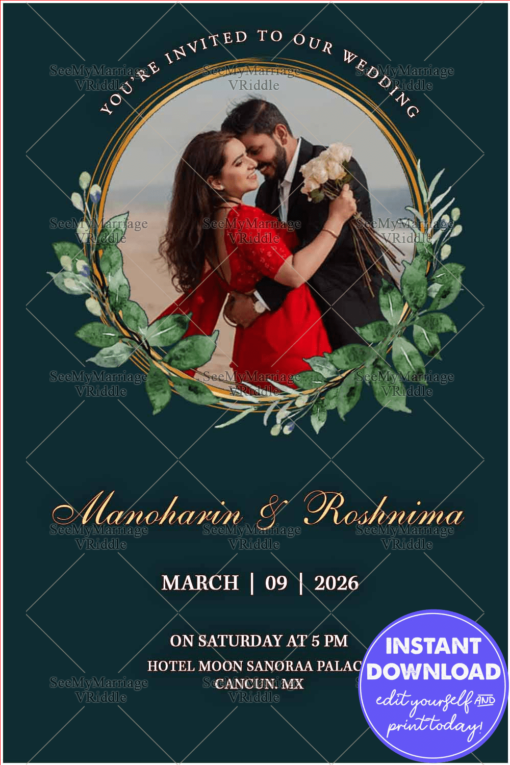Green Theme Wedding Invitation with Romantic Couple Portrait and Floral Frame