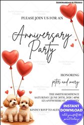 Heart Balloons-Themed Anniversary Party Invitation with Adorable Puppies Design
