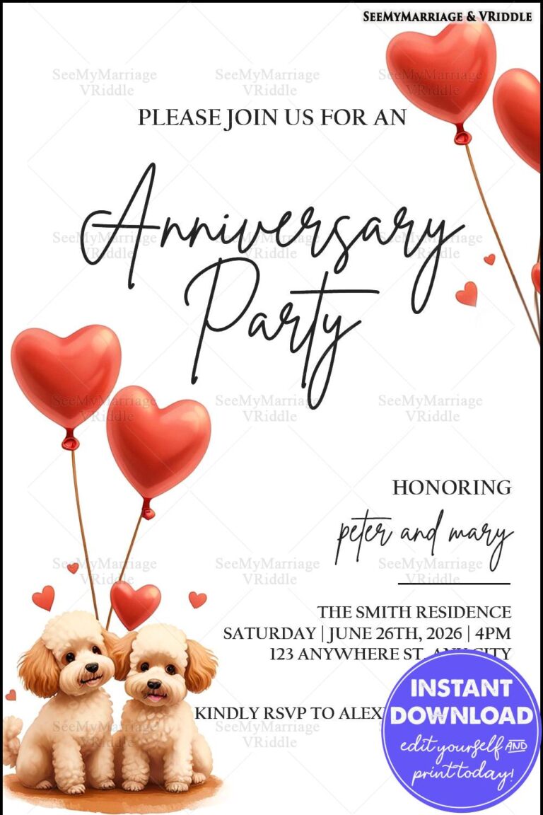 Heart Balloons-Themed Anniversary Party Invitation with Adorable Puppies Design