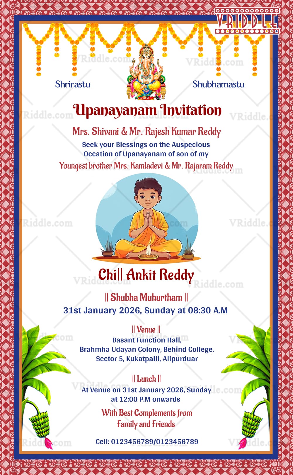 Hindu Upanayanam Invitation Card with Traditional Pooja Theme, Boy Illustration & Festive Decor