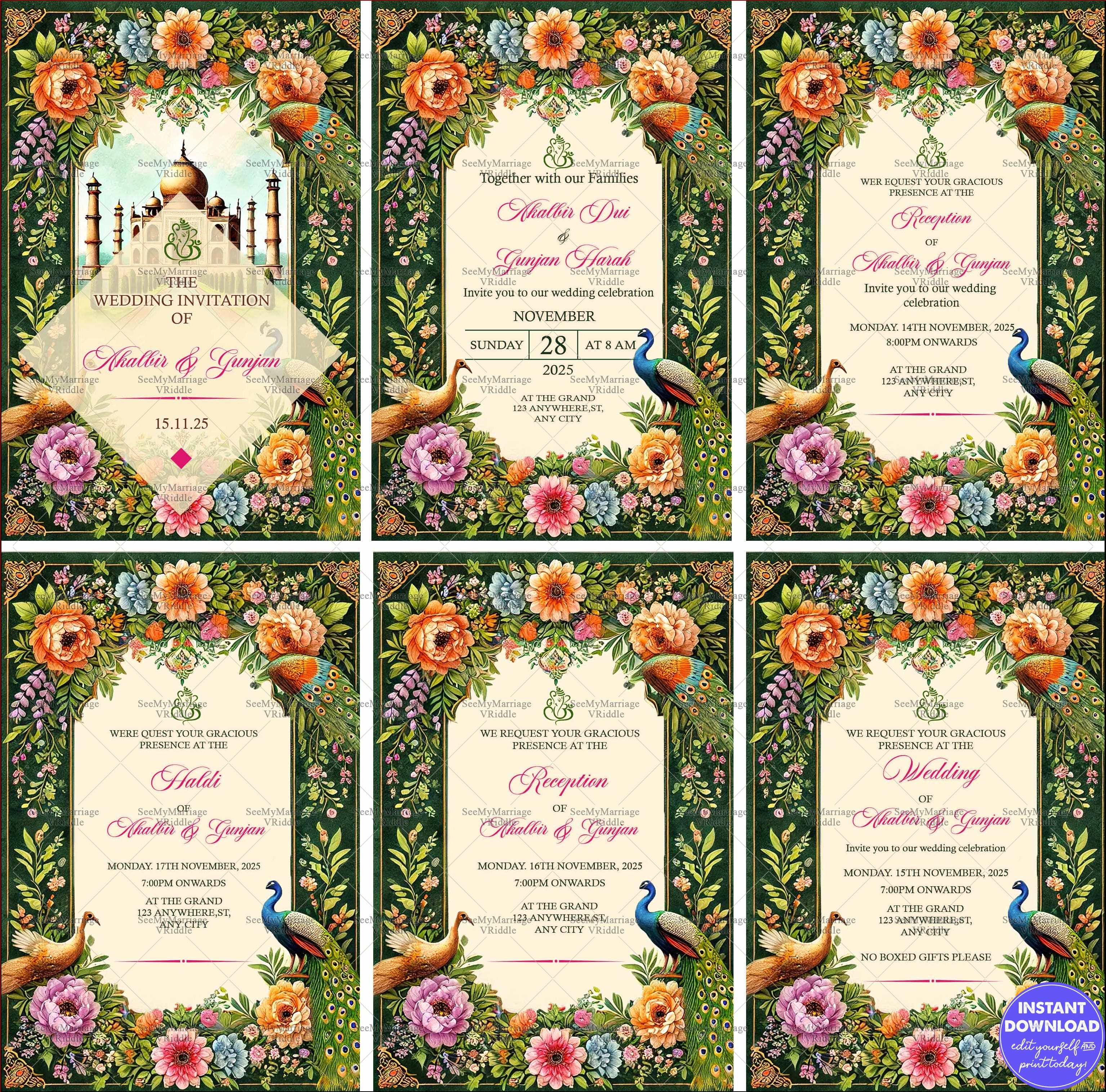 Indian Floral Wedding Invitation Suite with Peacock Motif and Mughal-Inspired Architecture Design