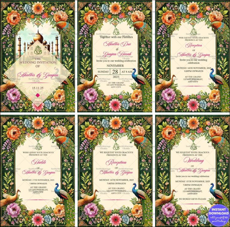 Indian Floral Wedding Invitation Suite with Peacock Motif and Mughal-Inspired Architecture Design