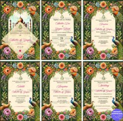 Indian Floral Wedding Invitation Suite with Peacock Motif and Mughal-Inspired Architecture Design