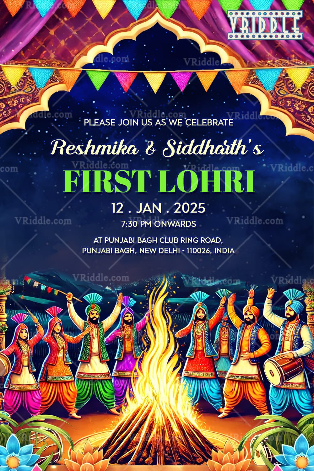 Joyful Lohri Invitation Card with Bonfire & Punjabi Theme