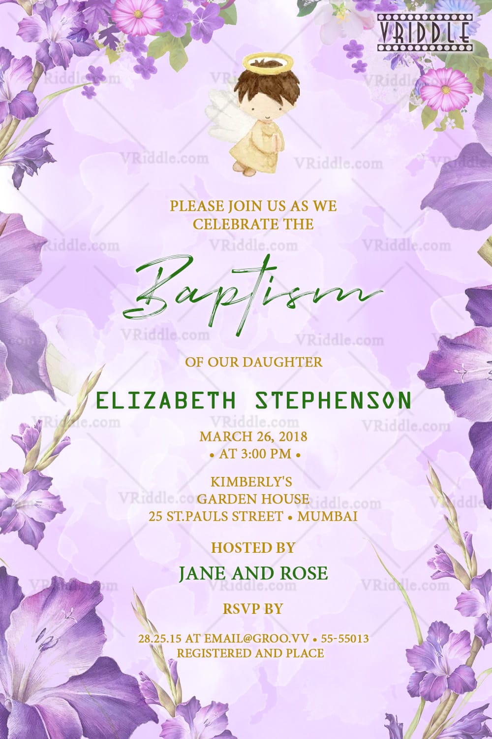 Lavender Floral Baptism Announcement with Angel Illustration