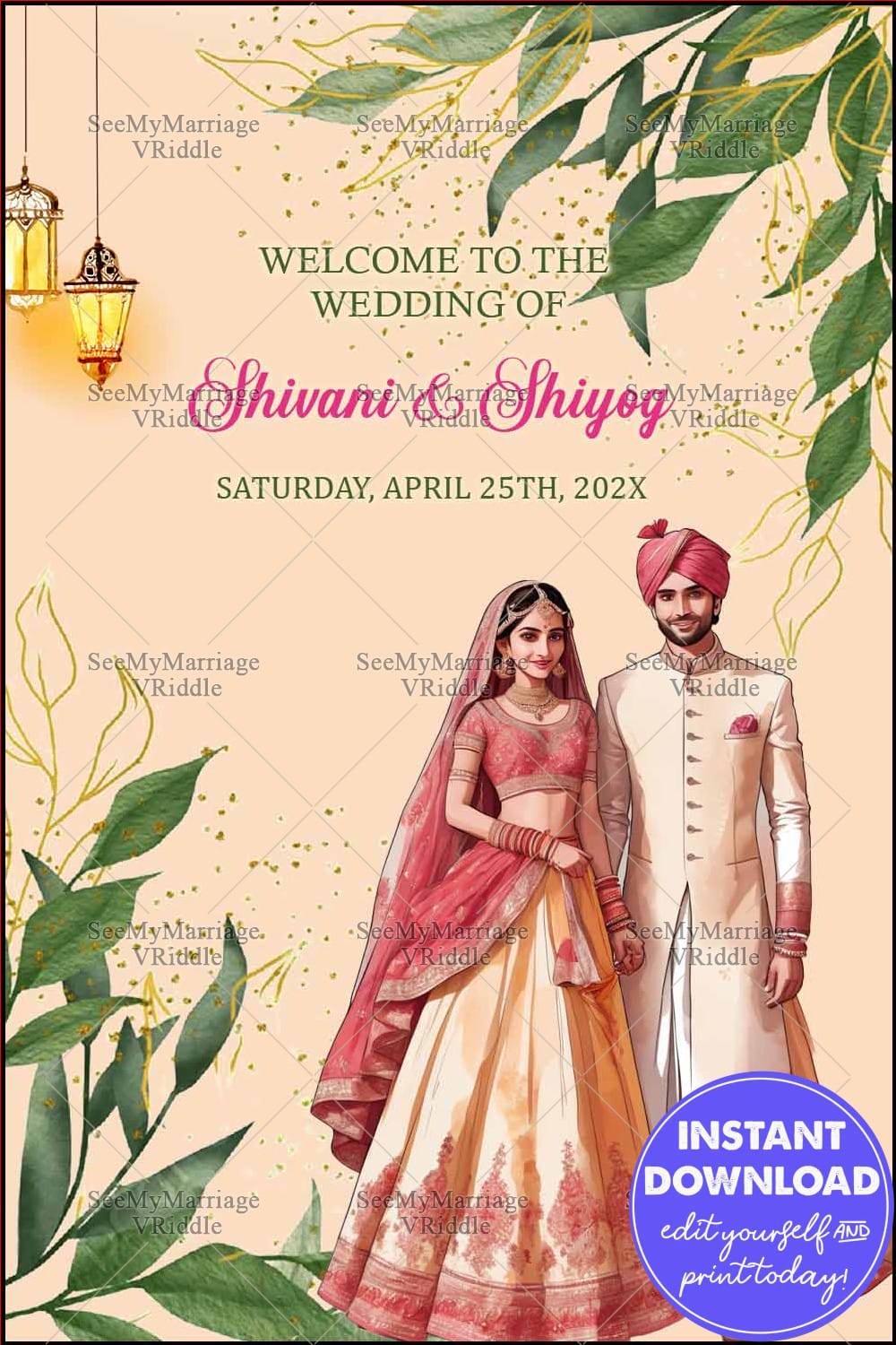 Leafy Green Border Wedding Welcome Banner Gold Lanterns Glitter Accents Indian Couple Illustration