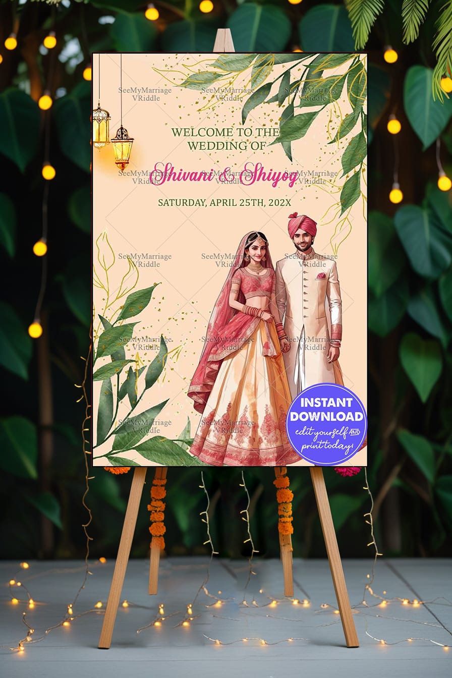 Leafy Green Border Wedding Welcome Banner Gold Lanterns Glitter Accents Indian Couple Illustration Mockup