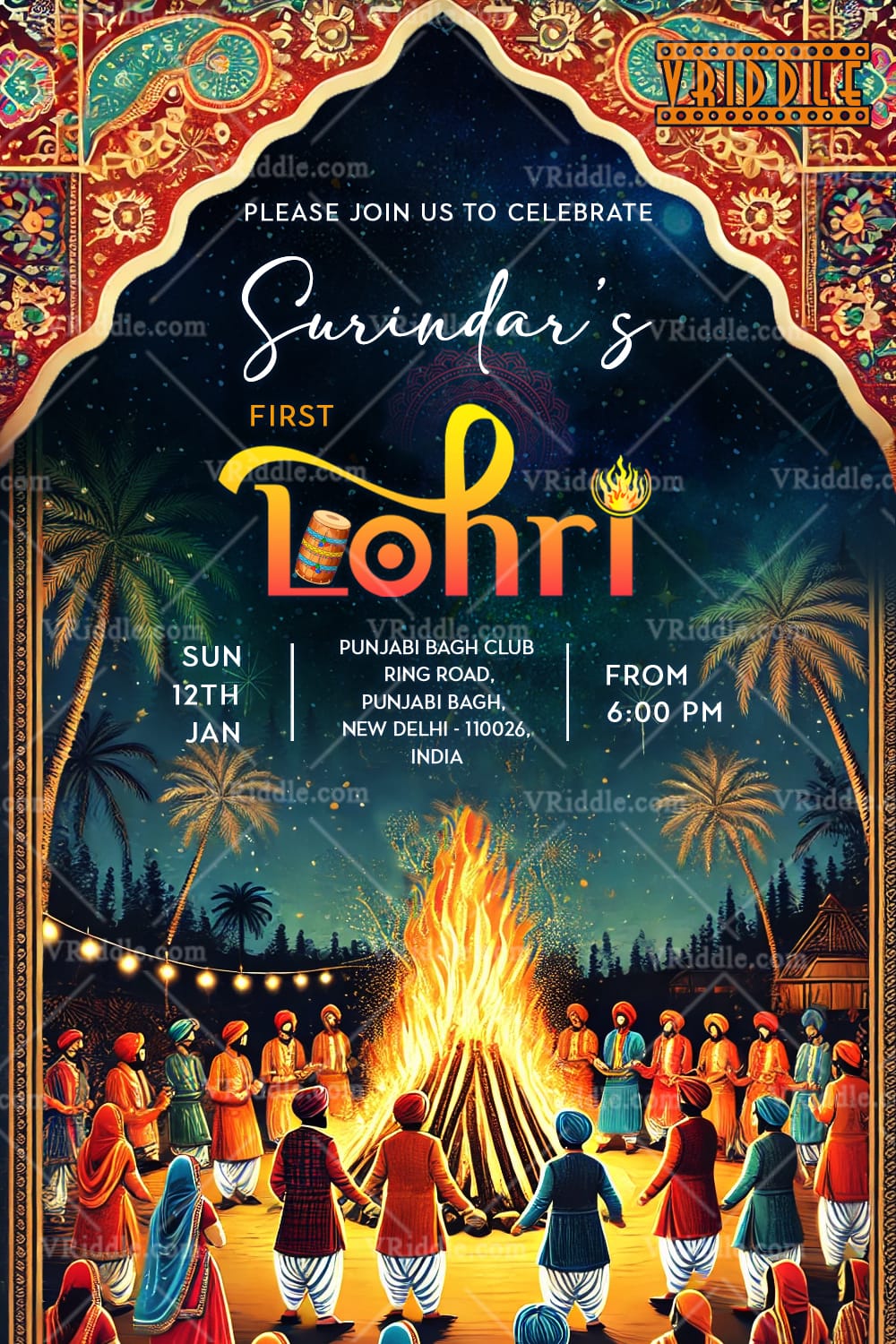 Lively Lohri Invitation with Bonfire Gathering Under Starry Night