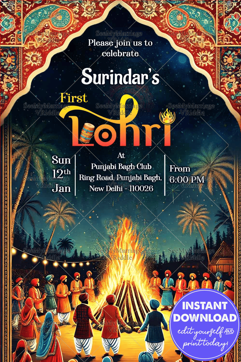 Lively Lohri Invitation with Bonfire Gathering Under Starry Night