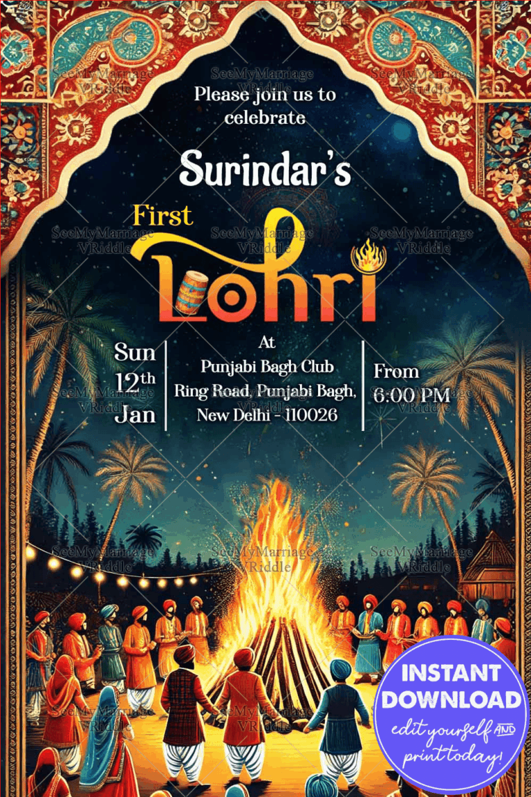 Lively Lohri Invitation with Bonfire Gathering Under Starry Night