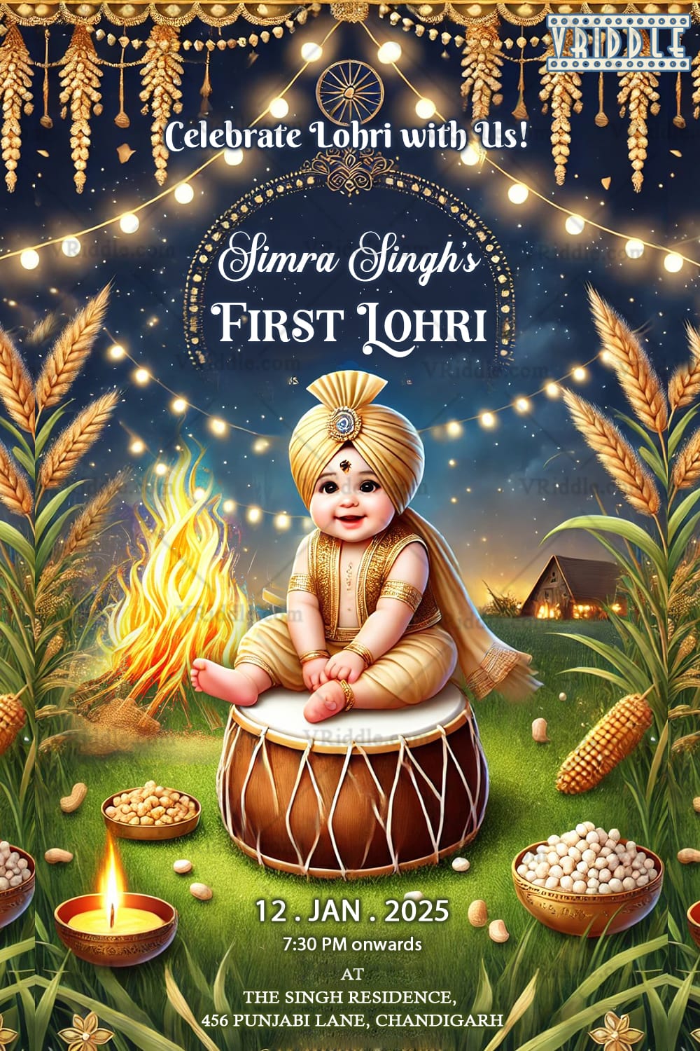 Golden Festive Lohri Invitation Card with Baby on Dhol and Bonfire Design, Harvest Decorations