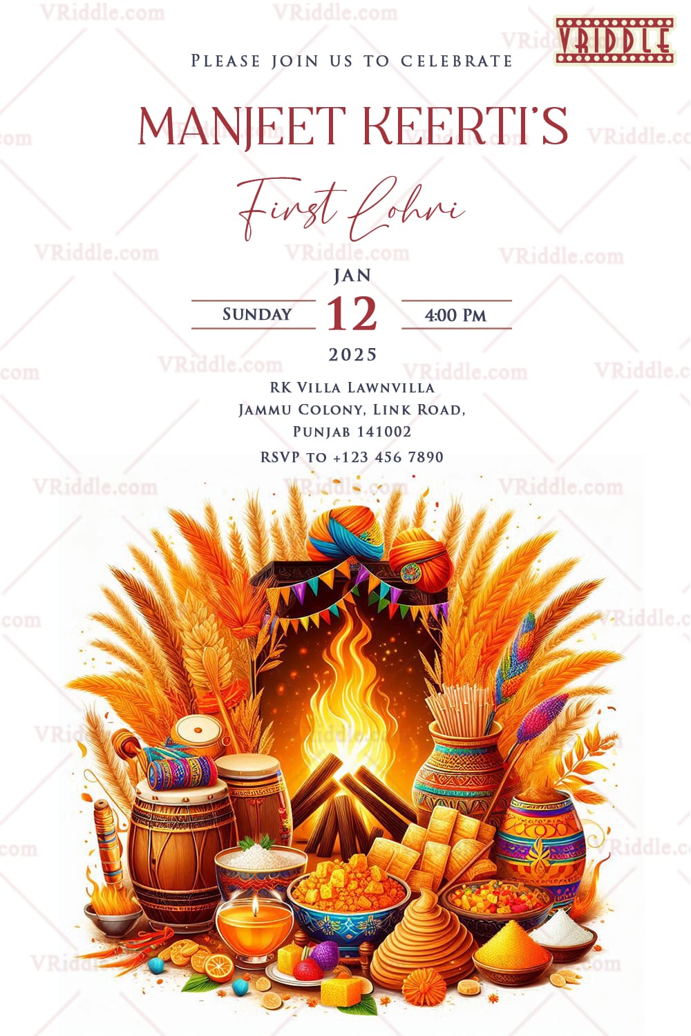 Traditional First Lohri Invitation Card with Vibrant Details & Festive Food
