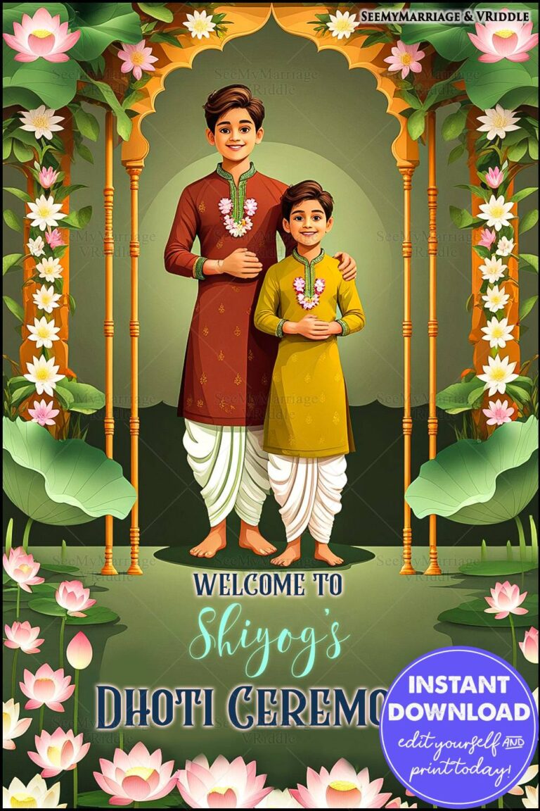 Lotus Frame-Themed Dhoti Ceremony BannerPoster with Green Background and Young Boys Illustration